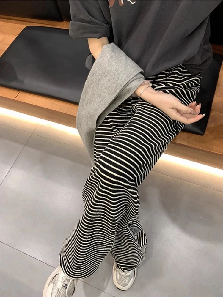 임산부용 와이드 레그 팬츠 스트라이프 베이스 레이어 팬츠 가을 착용 임산부용 루즈 캐주얼 스트레이트 바닥 길이 바지