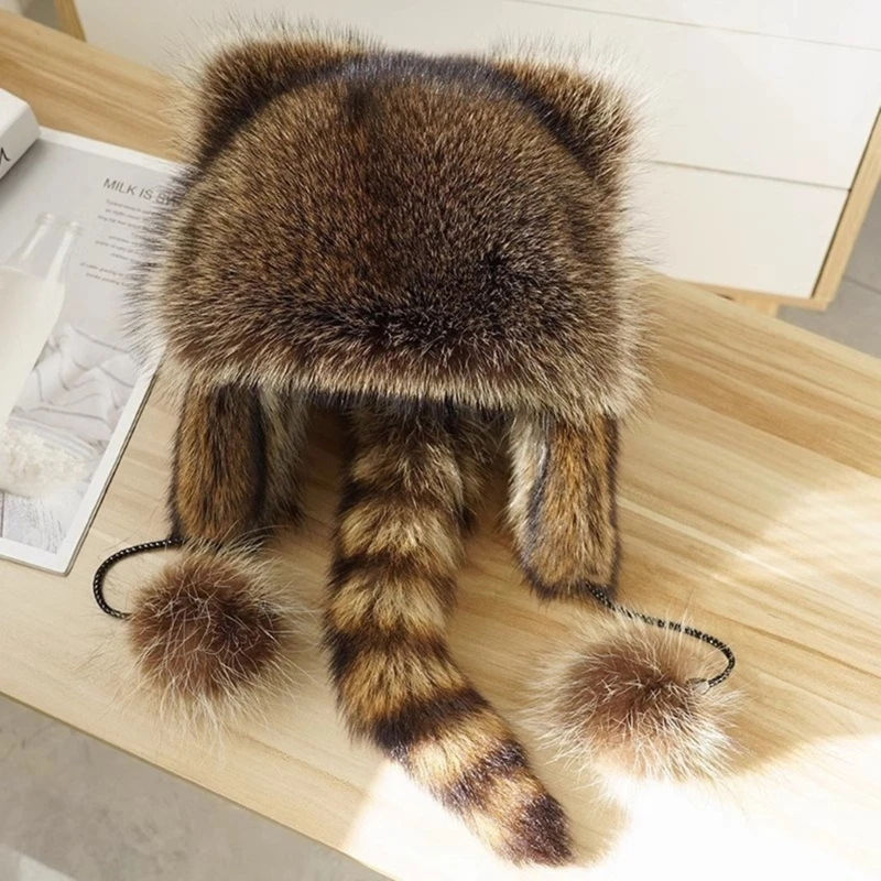 Plush Hat for Adult Children Teens Outdoor Commute Windproof Raccoon Tail Hat Russian Winter Keep Warm Hat 2