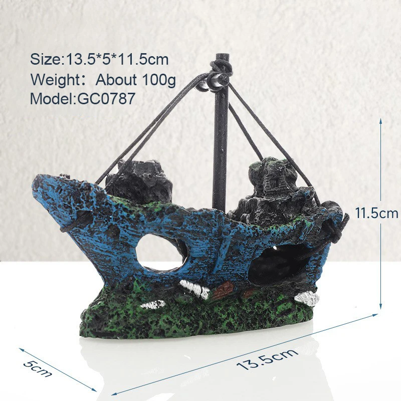 1Pc Fish Tank Ornaments Retro Aquarium Fish Tank Landscape Wreck Ship Decoration Hollow Cave Resin Boat Statues