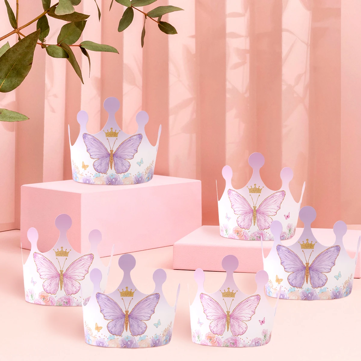 6PCS Pink Purple Butterfly Birthday Crown Hat Birthday Party Decorations for Kids Baby Shower Girks 1st Party Suppiles party hat birthday crown baby crown hat