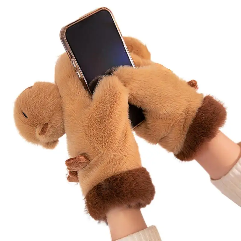 

Cold Weather Gloves Capybara Design Warm Winter Thermal Plush Gloves Thick Cute Capybara Mittens Snow Gloves For Outdoor