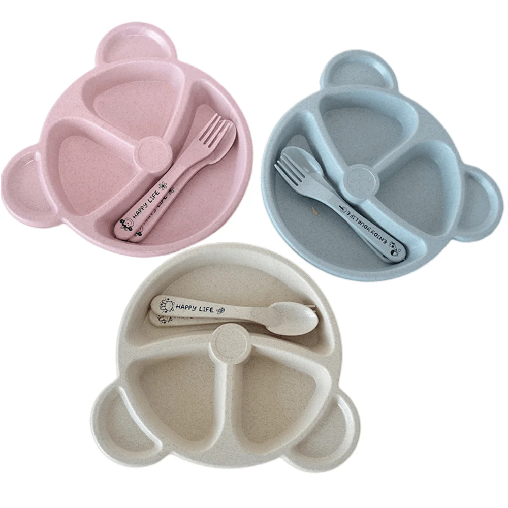 Baby Bowl+spoon+fork Feeding Food Tableware Set Cartoon Bear Kids Dishes Eating Dinnerware Anti-hot Wheat Straw Training Plate baby tableware set