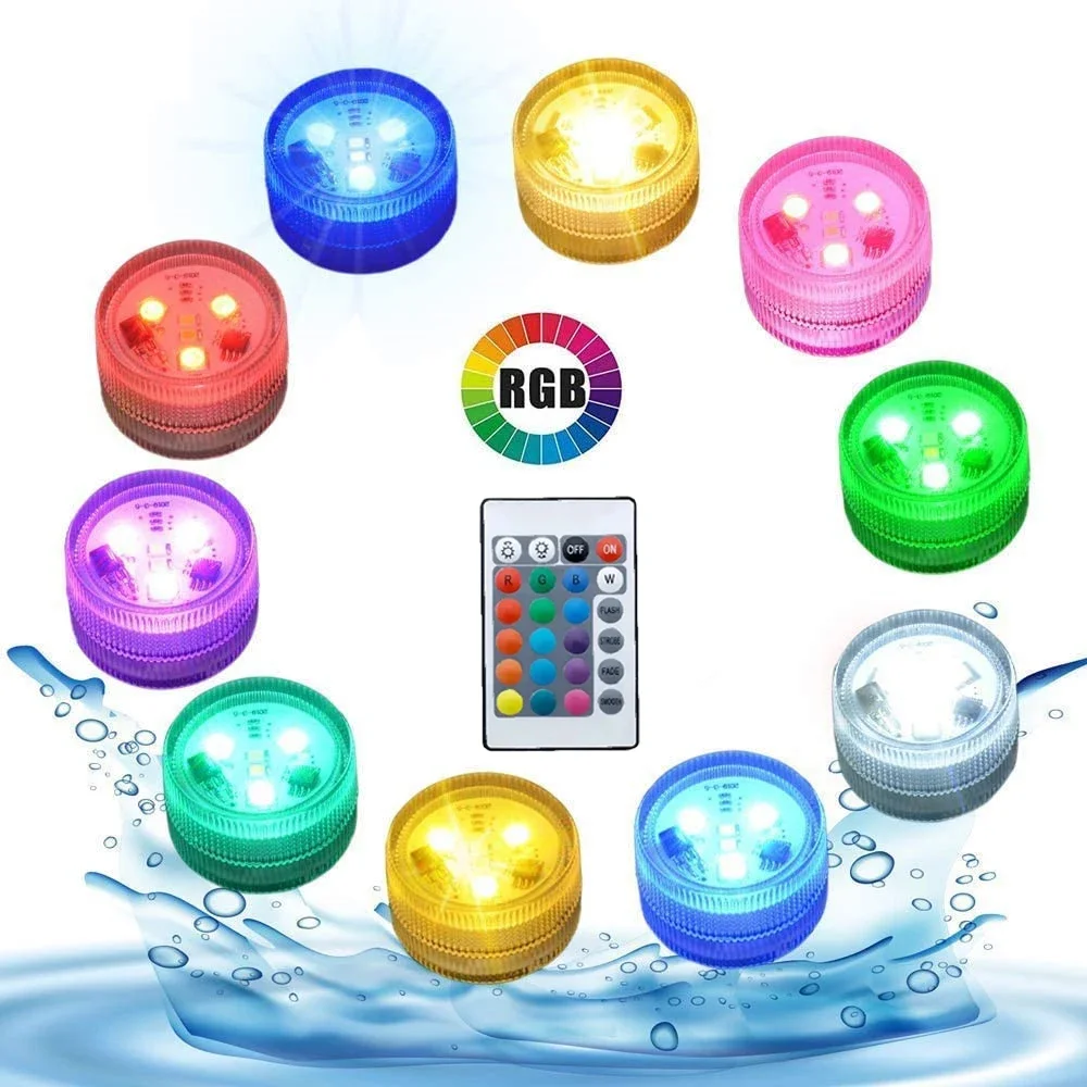 Luce subacquea colorata a 3 LED con telecomando alimentata da batteria a bottone, impermeabile, per decorazioni per feste in piscina - immagine 2