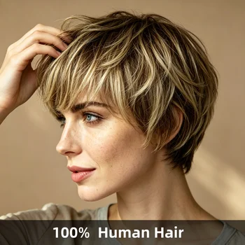 Parrucca da donna con capelli corti, in vero capello umano, con rete interna a rosa, lunghezza 6 pollici, densità 180%, taglio pixie, 100% capelli veri, realizzata a macchina per uso quotidiano