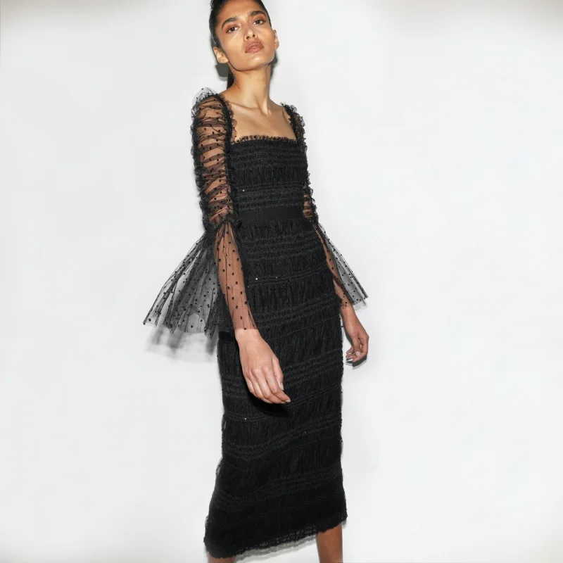 

Independent Station Black See-through Mesh Flared Sleeves Square-Neck Cinched Dress Elegant Graceful Evening Dress