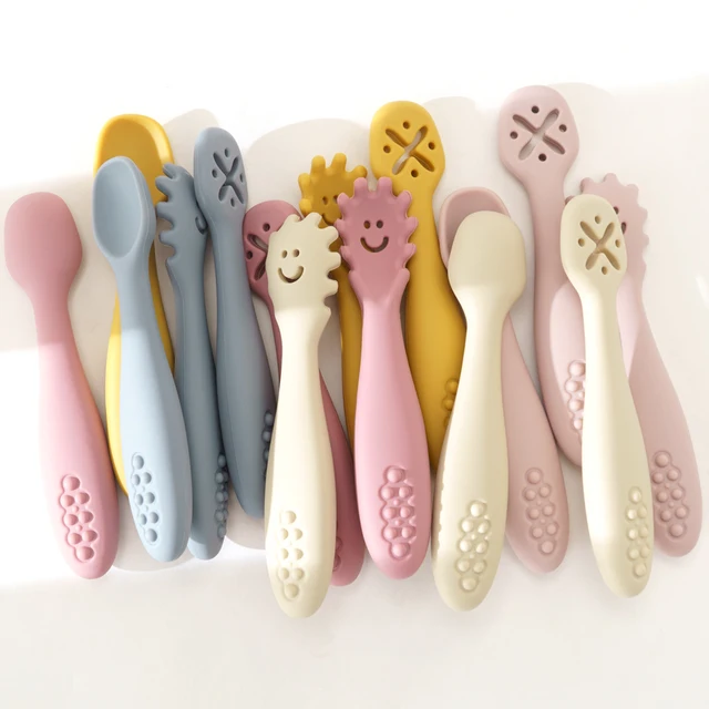 Juego de utensilios de silicona de 3 piezas para bebé, cuchara, tenedor, comida, aprendizaje de comer, tenedor suave, cubiertos, vajilla para niños 2