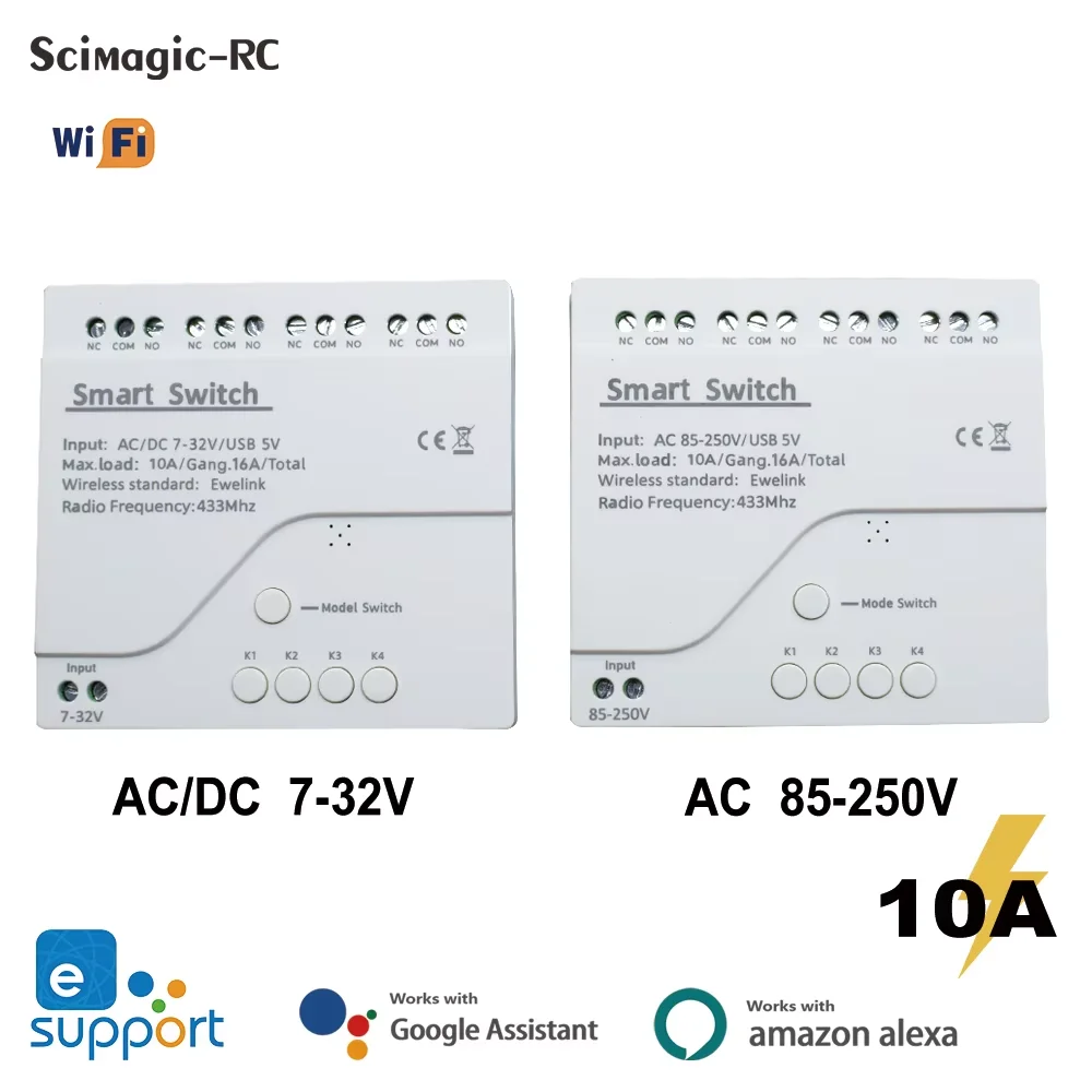 EweLink 4CH Smart Wifi Switch Module 12V 24V 7-32V 220V 85V-250V 10A 4 Channels Relay Work With Alexa Google Home