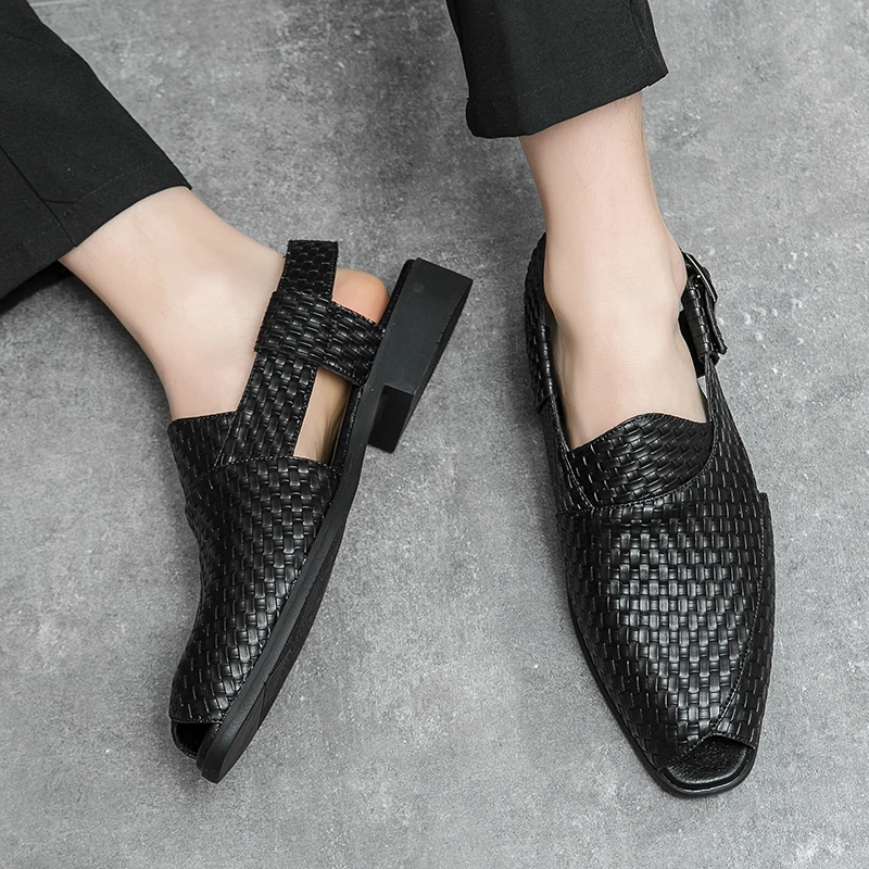 Italian Style Fashion Solid Color Leather Sandals for Men Business Dress Sandals Handmade Comfort Shoes Men Sandalias Breathable