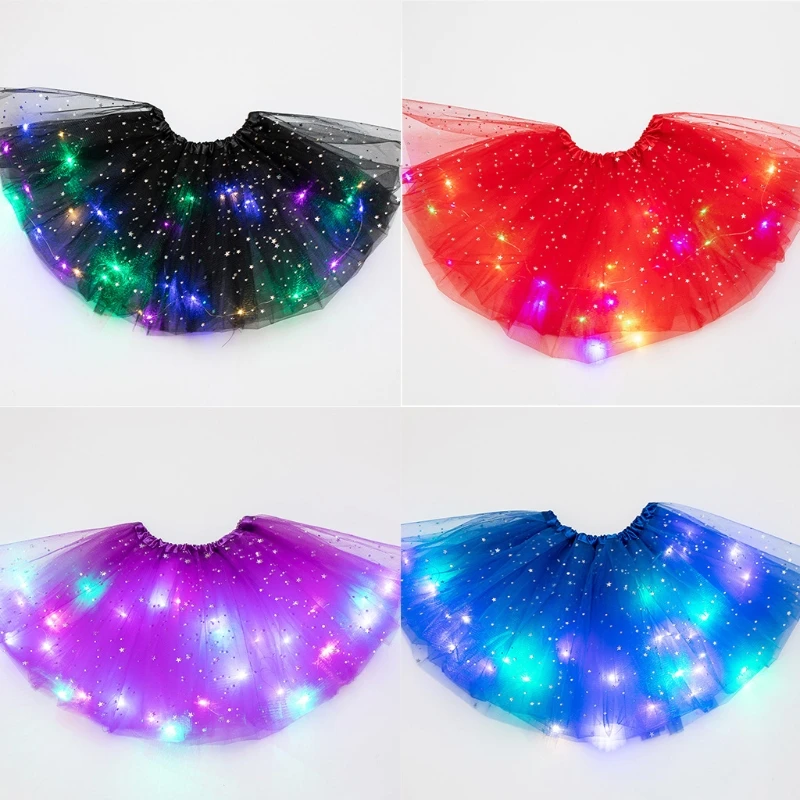 

Women Girls Starry for Sky Star Sequins Skirt LED Light Up Colorful Layered Tulle Ballet Dance Short Dress Party 10CF