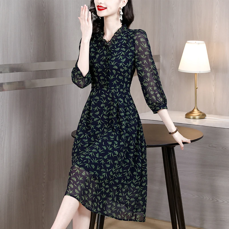 

2023 New Fashion Chiffon Silk Printed Dress Women's Spring Elegant Versatile Loose Fit Casual Holiday Dress Vestidos