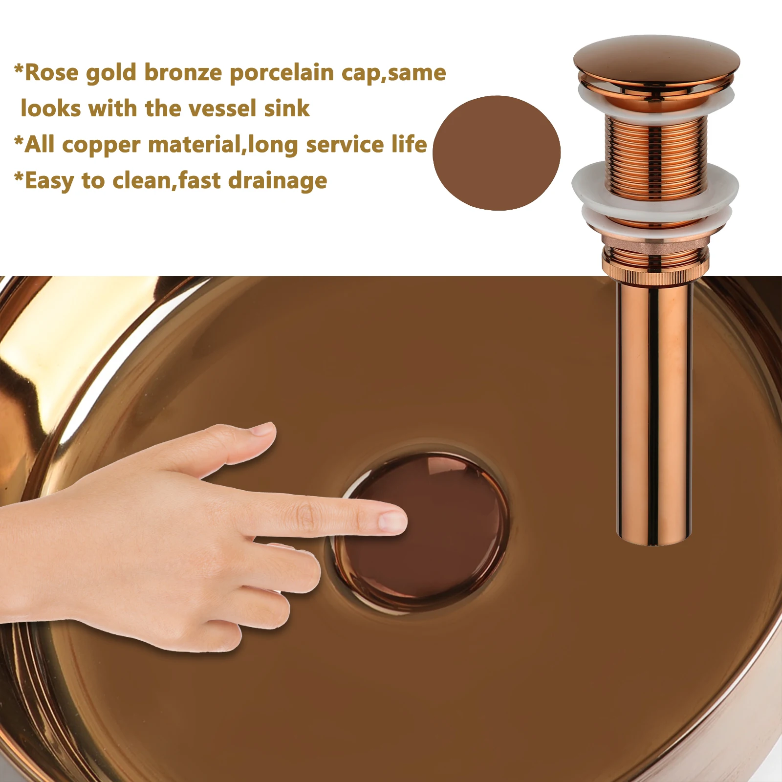 ZAPPO Bathroom Vessel Sink Faucet and Drain Combo14 Inch Bowl Sink Rose Gold Vessel Sink Round Ceramic Sink for Bathroom Counter 6