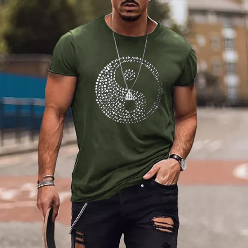 

High Quality Fashion Men's Clothing Oversized Tee y2k Round Rhinestone Designer Short Sleeve Tops Trip Casual Street T-Shirt New