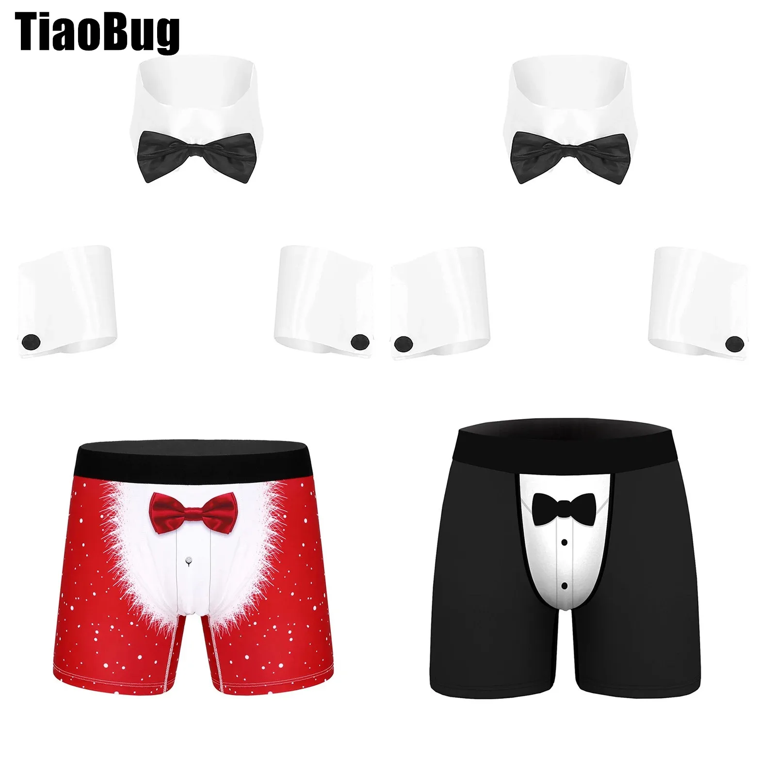 

Mens Christmas Costume Set Elastic Waistband Printed Boxer Shorts with Collar And Cuffs for Cosplay Role Play Theme Party