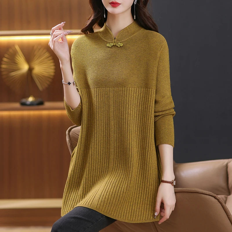 

2023 Autumn Winter New Products Are Launched Mid-length Model Women Loose Knitwear Middle-aged Mothers Pure Color Pullover T611