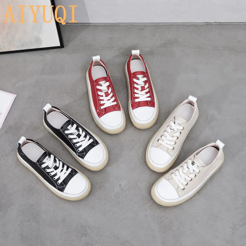 Women Spring Shoes 2024 New Genuine Leather Trend Color Matching Women Shoes Flat Bottom Lace-up Casual Girl Student Shoes