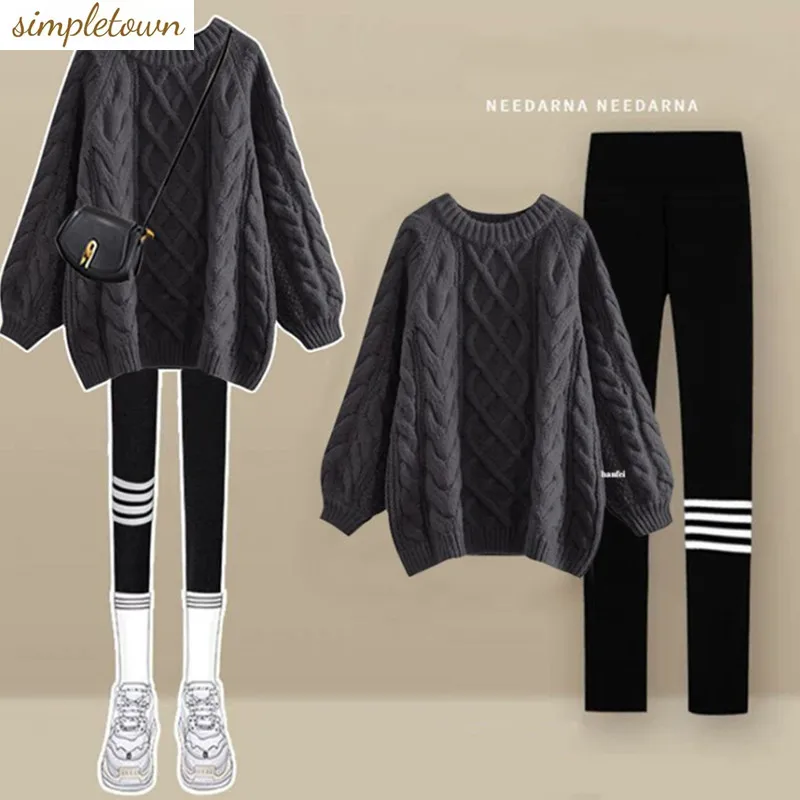 Autumn and Winter Sweet Style Set 2023 New Lazy Fashion Knitted Sweater Baseball Pants Two Piece Set