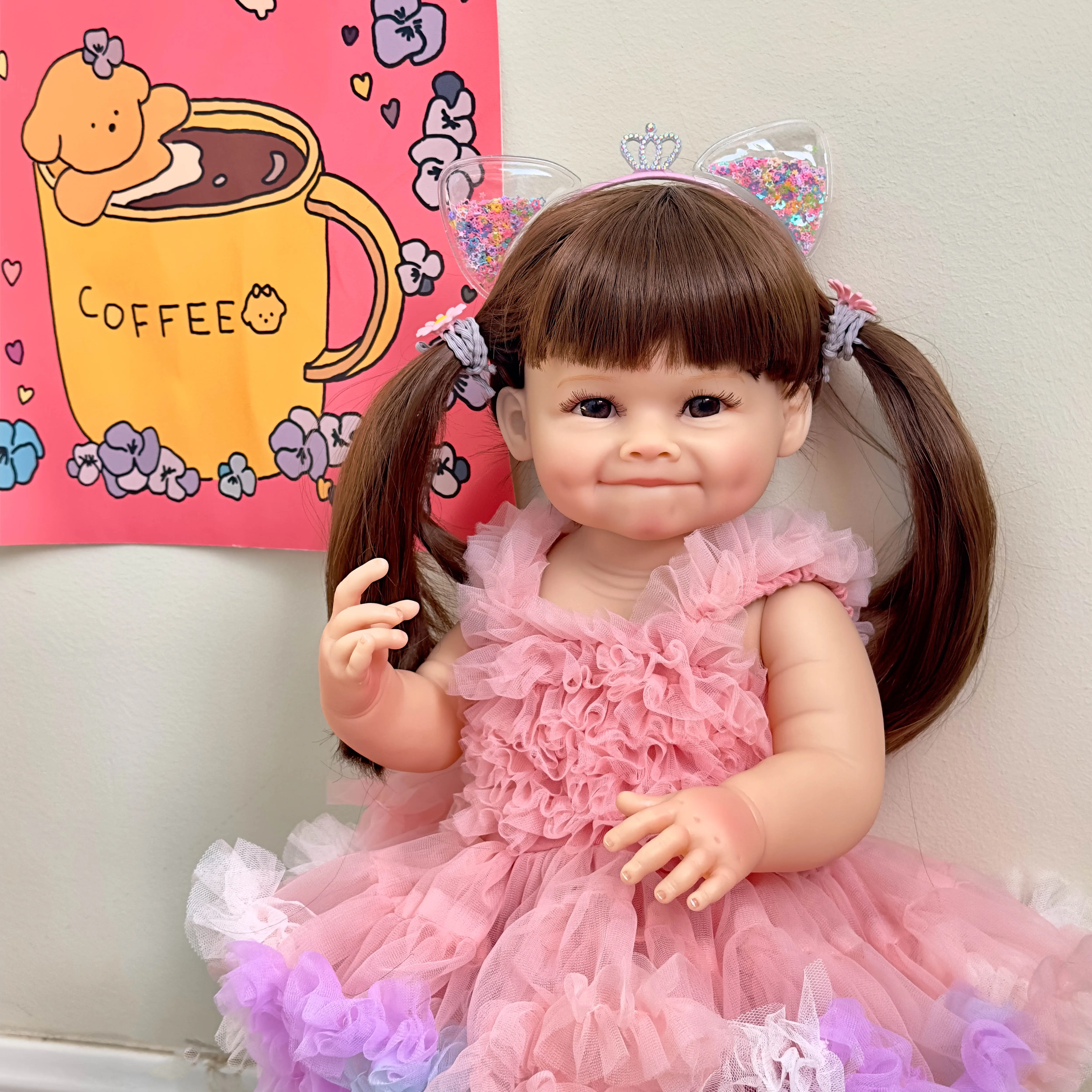 NPK 55CM Reborn Toddler Doll with Pink Dress Full Body Soft Silicone Raya Lifelike Soft Touch High Quality Doll Gifts 3