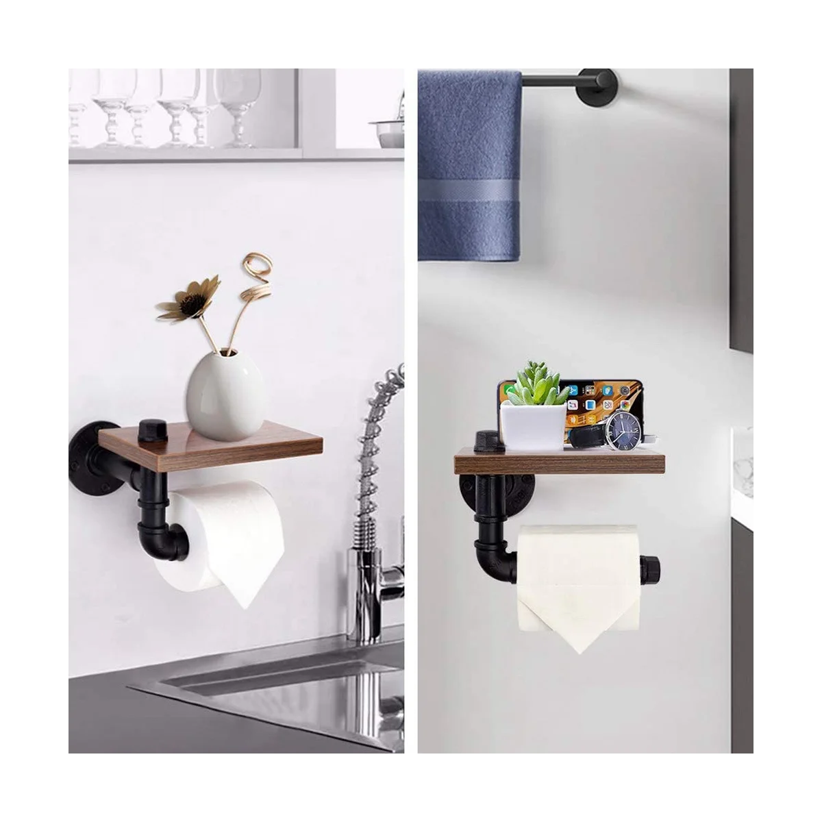 Rustic Industrial Toilet Paper Roll Holder Pipe Floating Holder Home/Bathroom Wall Mounted Shelf