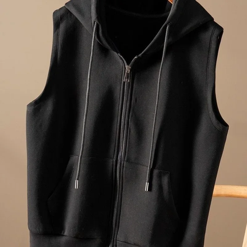 Women's Hooded Sweater Vest Spring Autumn Sleeveless Sports Top Korean Fashion Coat Cotton Cardigan Leisure Loose Solid Color