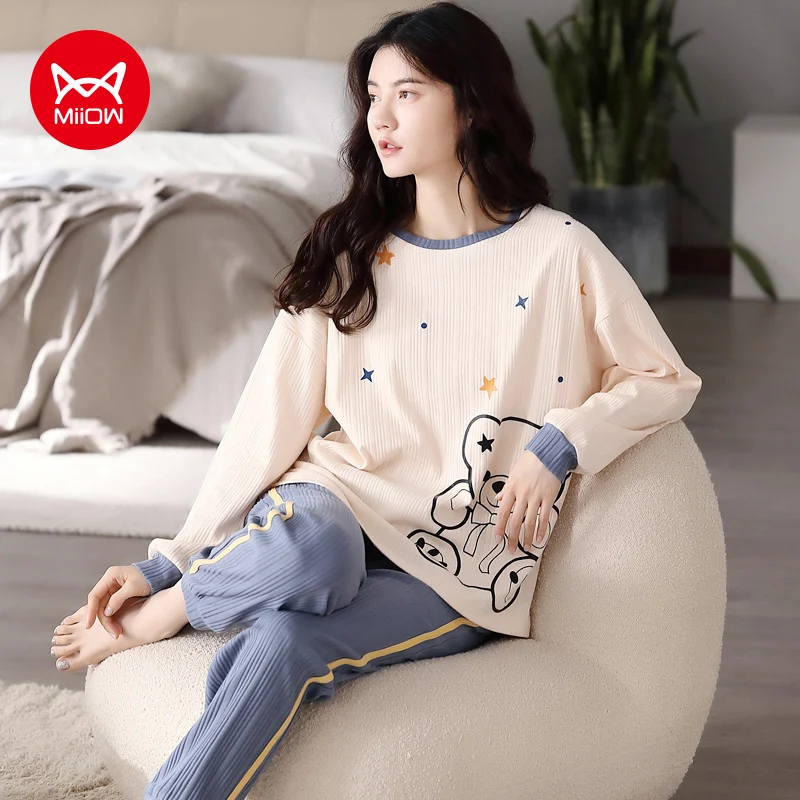 

MIIOW Pajamas for Women Comfortable Cotton Winter Sleepwear Corduroy Print Loose Long Sleeve Loungewear Set Free Shipping