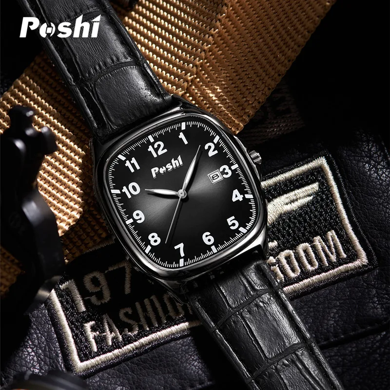POSHI Men Watch Fashion Leather Strap Quartz Watches Waterproof Luminous Calendar Top Brand Luxury Casual Sport Men's Wristwatch 4