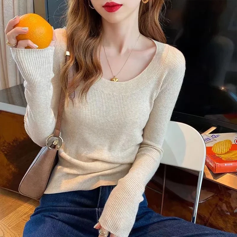 Новый вязаный свитер, Женский Повседневный пуловер с круглым вырезом, Модная трикотажная одежда, Женский Универсальный однотонный свитер на осень и зиму