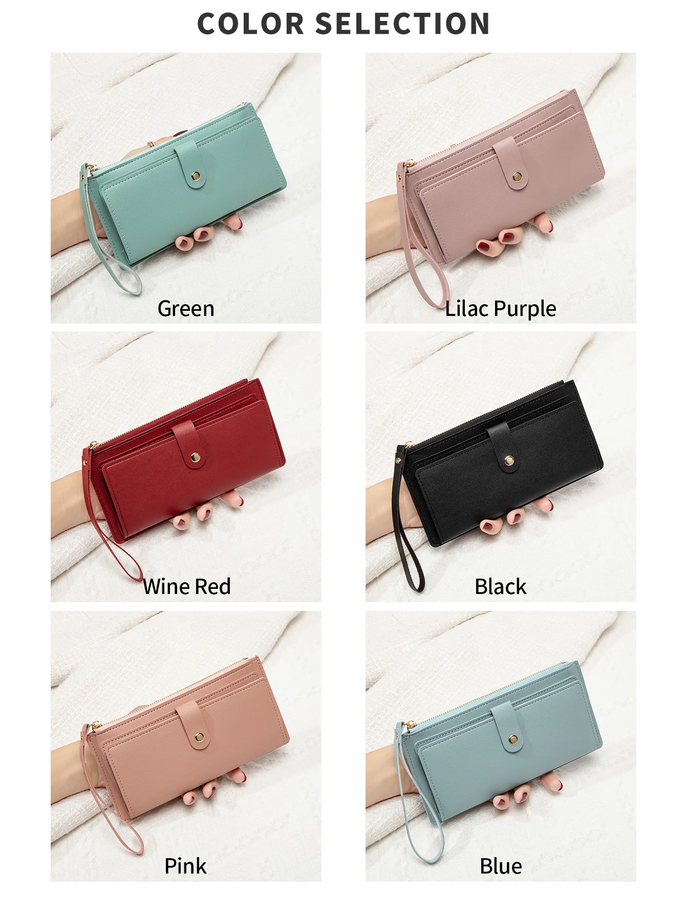 Schlichte und stilvolle Damen-Langkartenbörse, ultradünne Mini-Handtasche aus PU-Leder in Uni-Farbe, Damen-Kreditkartenhalter-Geldbörse – Detail 3