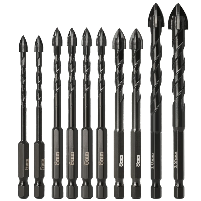 

10PC Set Multifunctional Ceramic Tile Drill Bit Hexagonal Handle Screw Triangular Drill Hexagonal Handle Black