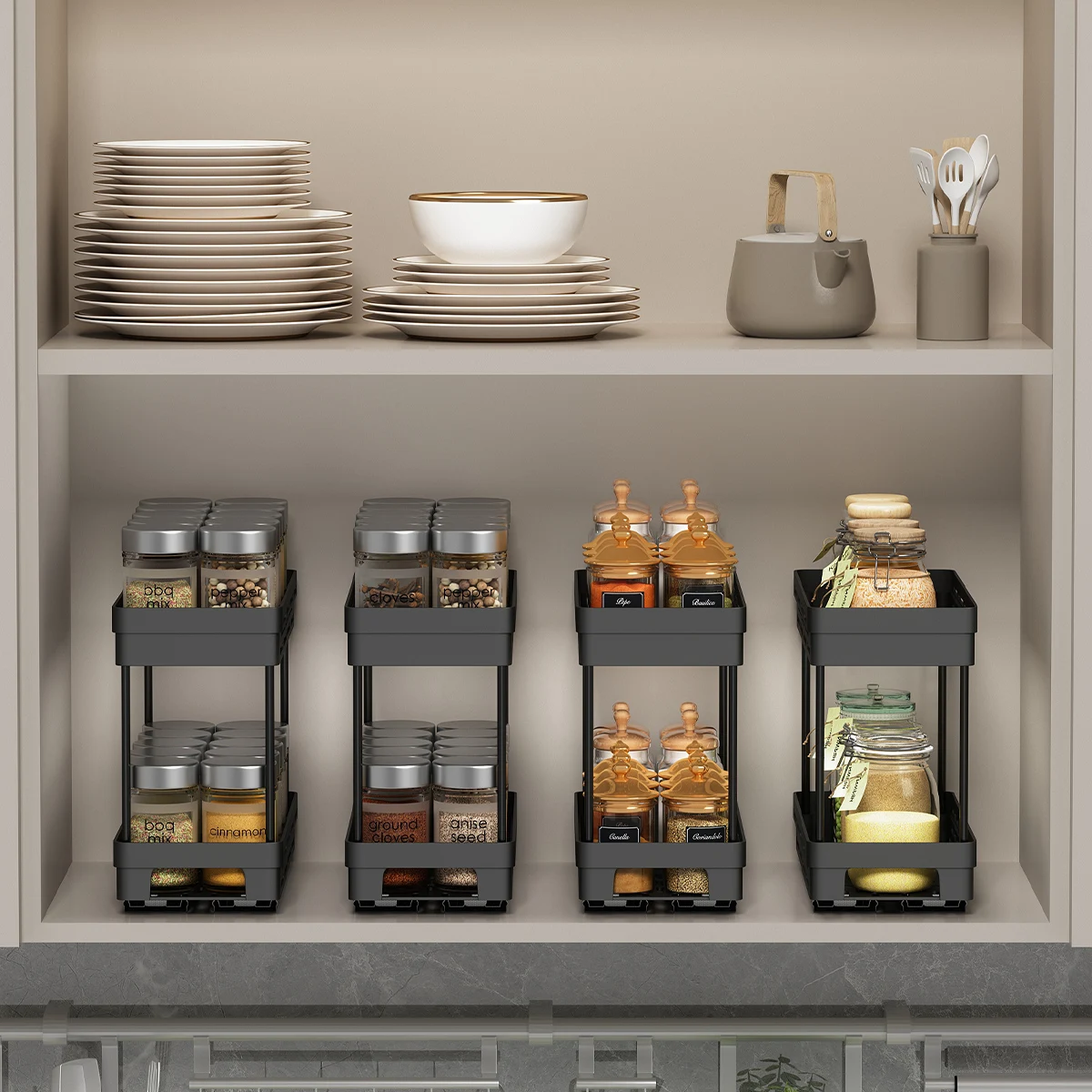 WORTHBUY Double Layer Seasoning Storage Rack Cabinet Spice Rack Pull-out Kitchen Storage Multifunctional Organizer Shelf