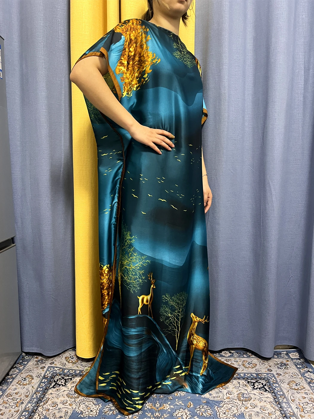 Muslim Abayas For Women 2023 Dubai Fashion Summer Printed Silk Loose Femme Robe African Nigeria Short Sleeve Dresses With Turban