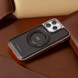 Elegant Leather MagSafe Phone Case with 360° Ring Stand and Wireless Charging Compatibility - iPhone 15 Plus (Black)