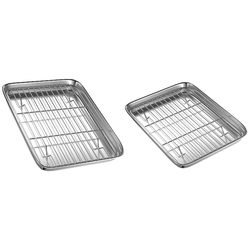 ABGH-2 Set Toaster Oven Tray And Rack Set, Small Stainless Steel Baking Pan With Cooling Rack, 10 Inch & 9 Inch