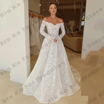 Eleganti Abiti da Sposa da Donna Bohemien in Pizzo a Maniche Lunghe, Vestiti da Sposa a Trapezio Stile Principessa, Abito da Sposa Sexy con Spalle Scoperte Personalizzabile