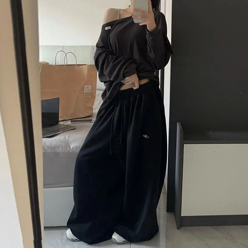Black-regular-wide leg loose casual pants