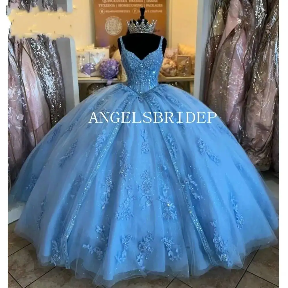 

Роскошные блестящие синие платья для Quinceanera, платья 15 лет, бальные платья с кристаллами и бусинами для дня рождения
