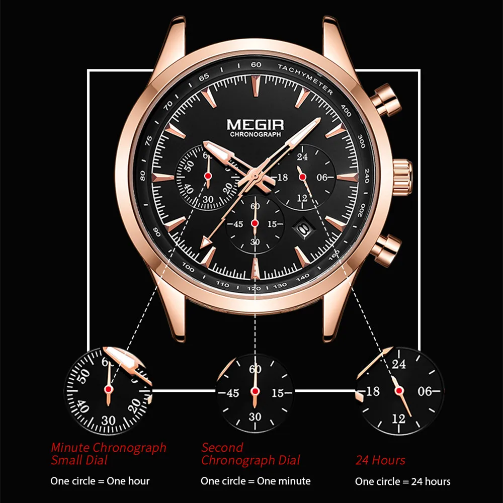 MEGIR Orologio Cronografo Sportivo da Uomo, Movimento al Quarzo, Bracciale in Rete d'Acciaio, Impermeabile, con Calendario, Orologio da Polso Casual per Gentiluomini - immagine 6
