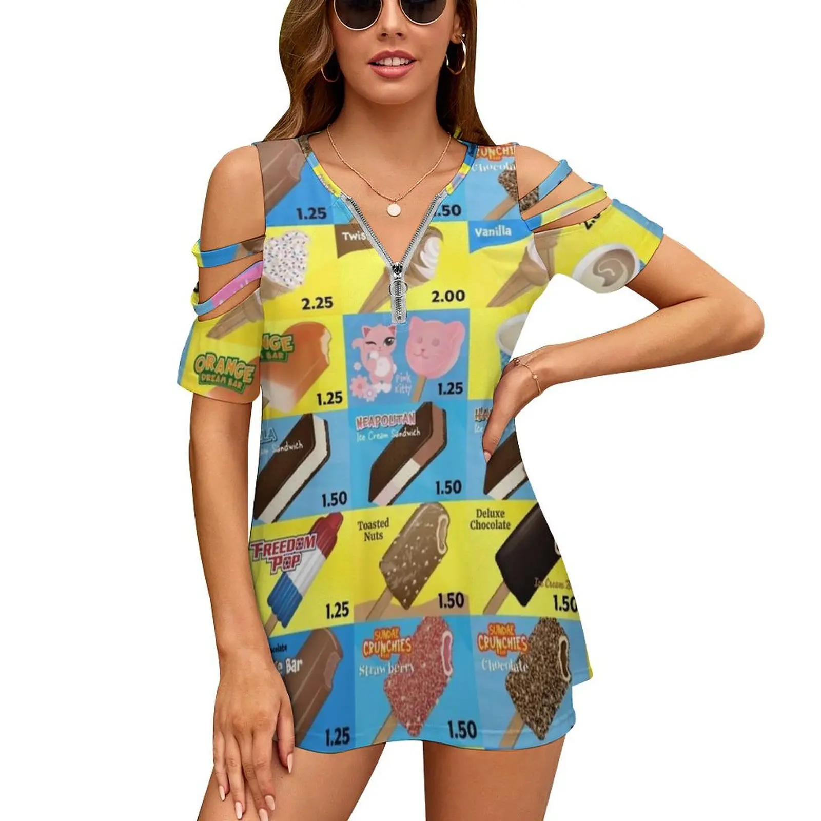 

Ice Cream Truck Menu New Fashion Zip Off Shoulder Top Short-Sleeve Women Shirt Ice Cream Truck Ice Cream Truck Menu Ice Cream