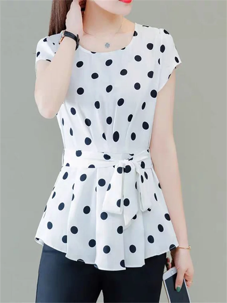 

Women Spring Summer Style Chiffon Blouses Shirt Lady Casual Short Sleeve O-Neck Solid Polka Dot Women's Casual Tops DF3504