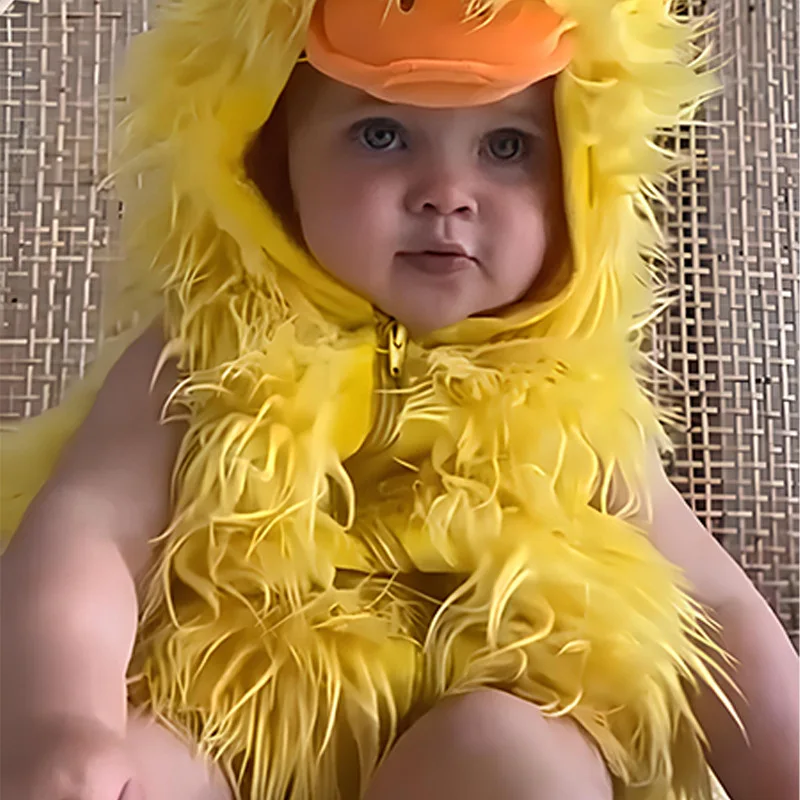 Baby Duck Costume Infant Toddler Fluffy Yellow Duckling Outfit with Hooded Hat Kids Halloween Carnival Party Jumpsuit