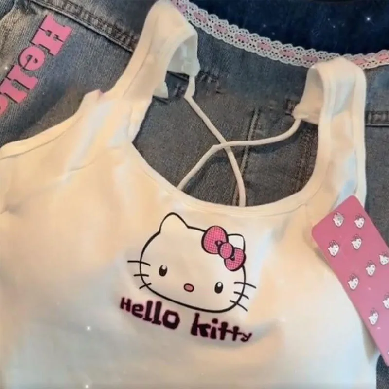 

Sanrio Anime Hello Kitty Vest Y2k Top Original Versatile Cotton Comfortable Soft Slim Fit Short Upper Garment Cute Girl Gift Toy