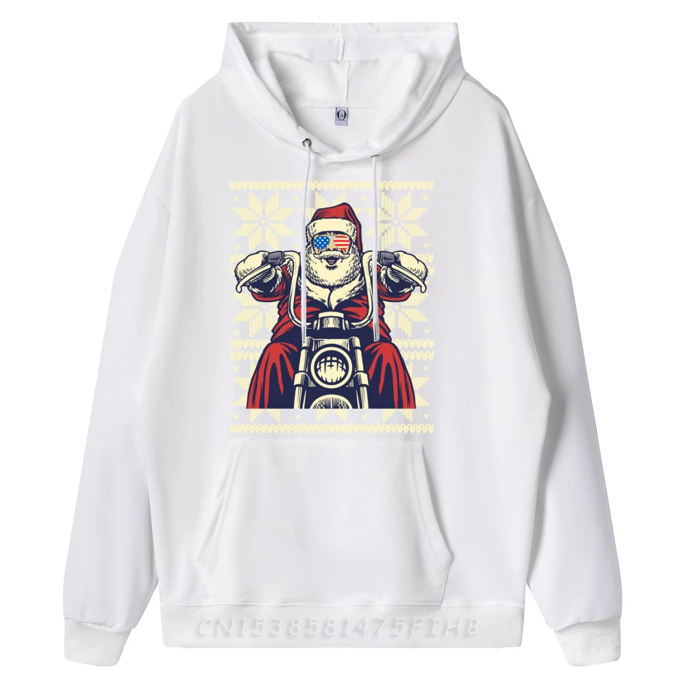 Street SANTA ON MOTORCYCLE Funny Ugly Print long Sleeve Autumn Hoodies Latest Round Neck Hoodies Mens Hoodies  SANTA ON MOTORCYCLE Funny Ugly Christmas Men Women white