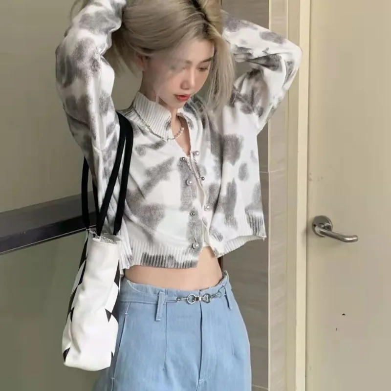 

New Retro Sweet Cool Tie-dye Knitted Cardigan Female Fall Korean Fashion Streetwear Loose Sweater Short Y2K Tops Women Clothing