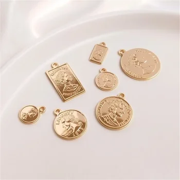 금도금 주조 구리 동전, 여왕의 머리 원형 펜던트, DIY 목걸이, 직사각형 펜던트 태그, 14K
