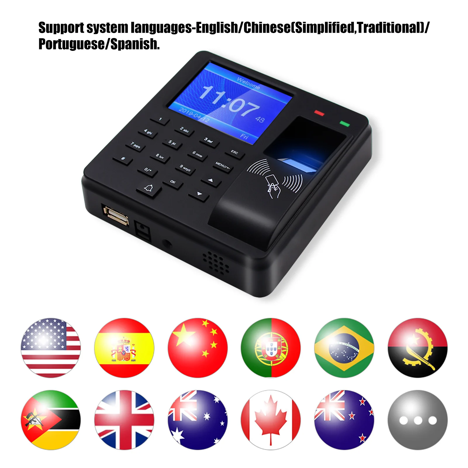 2.4 Inch Attendance Machine Fingerprint/Password/ID Card Recognition Time Clock Employee Checking-in Recorder Multi-language