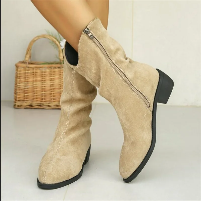 French Vintage Western Cowboy Boots Women's Large Stacked Boots Frosted Mid Barrel Short Boots Women