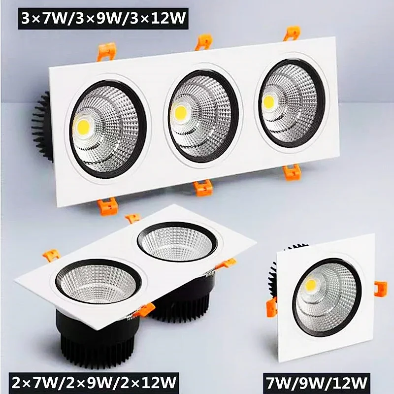 LED spotlights Single and double COB downlights three square grille mall living room bedroom AC85-260V14W 18W24W indoor lighting led downlight recessed ceiling spotlight ceiling lamps
