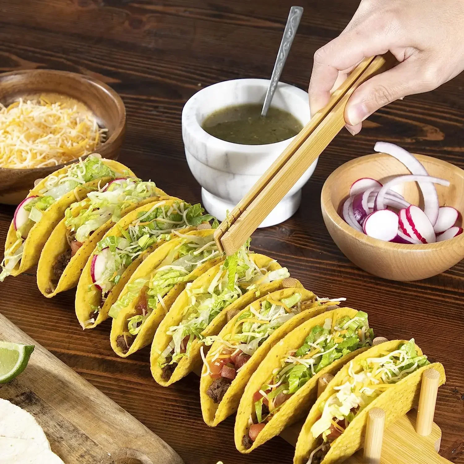 Taco Holder Bamboo Wooden Tacos Holder Potato Chips Corn Roll Rack Tray Shelf Tortilla Burritos Rack Tray Fit for Parties and Restaurants