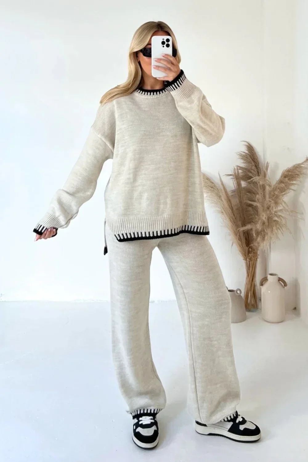 2024 Women's Striped Elegant Knitted Home Suit, Split Sweater Top, Elastic High Waist Straight Pants Pieces SetAutum Winter