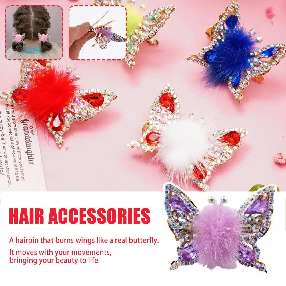 

3D Butterfly Faux Fur Hair Clips Flying Shiny Rhinestone Hairpin Barrettes Plush Butterfly Hair Clip For Girls M1N1