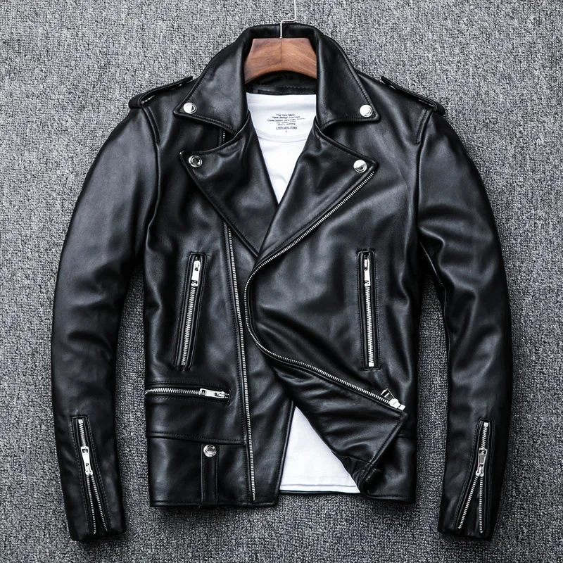 

Spring and Autumn Natural Sheepskin Leather Jacket Black Soft Men's Motocycle Jackets Motor Clothing Biker Slim Short Coat